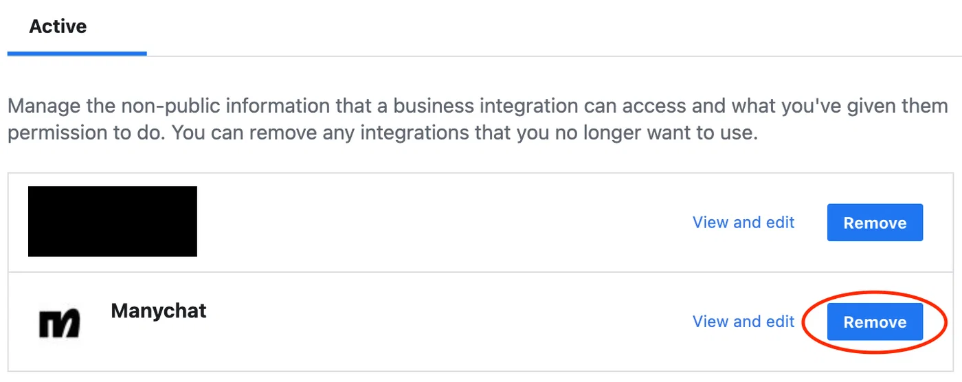 페이스북 Business Integrations 화면의 Active 탭. 목록에 있는 Manychat 항목의 Remove 버튼이 빨간 원으로 표시되어 있습니다.